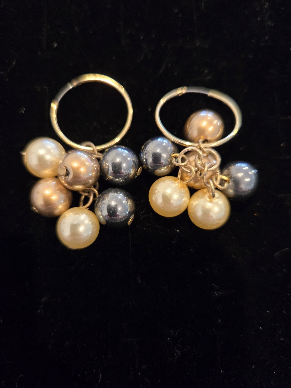 Vintage Gold Tone Hoop Earrings with Multi-Color Faux Pearl Cha Cha Style